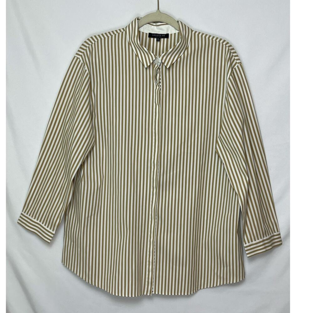 LAUREN RALPH LAUREN Beige and White Striped Button-Down Blouse